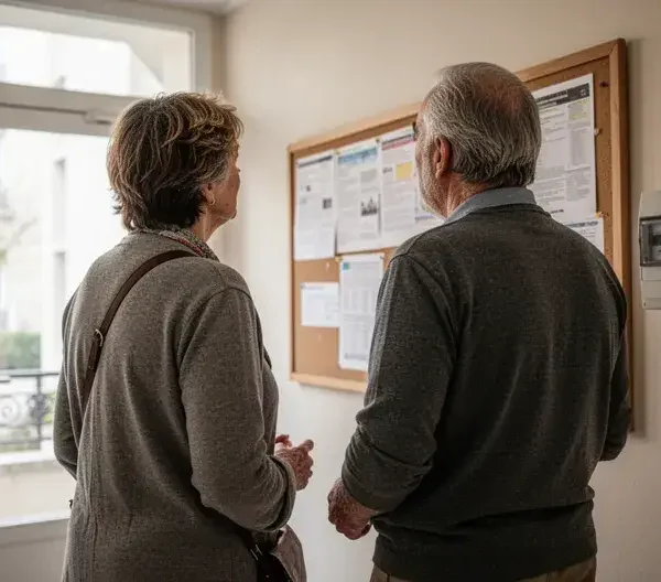 Hall d'entrée immeuble résidentiel français avec tableau d'affichage copropriété