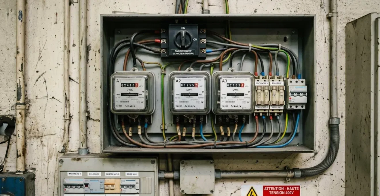 Compteur électrique triphasé installé dans un atelier de PME industrielle française avec câblage visible