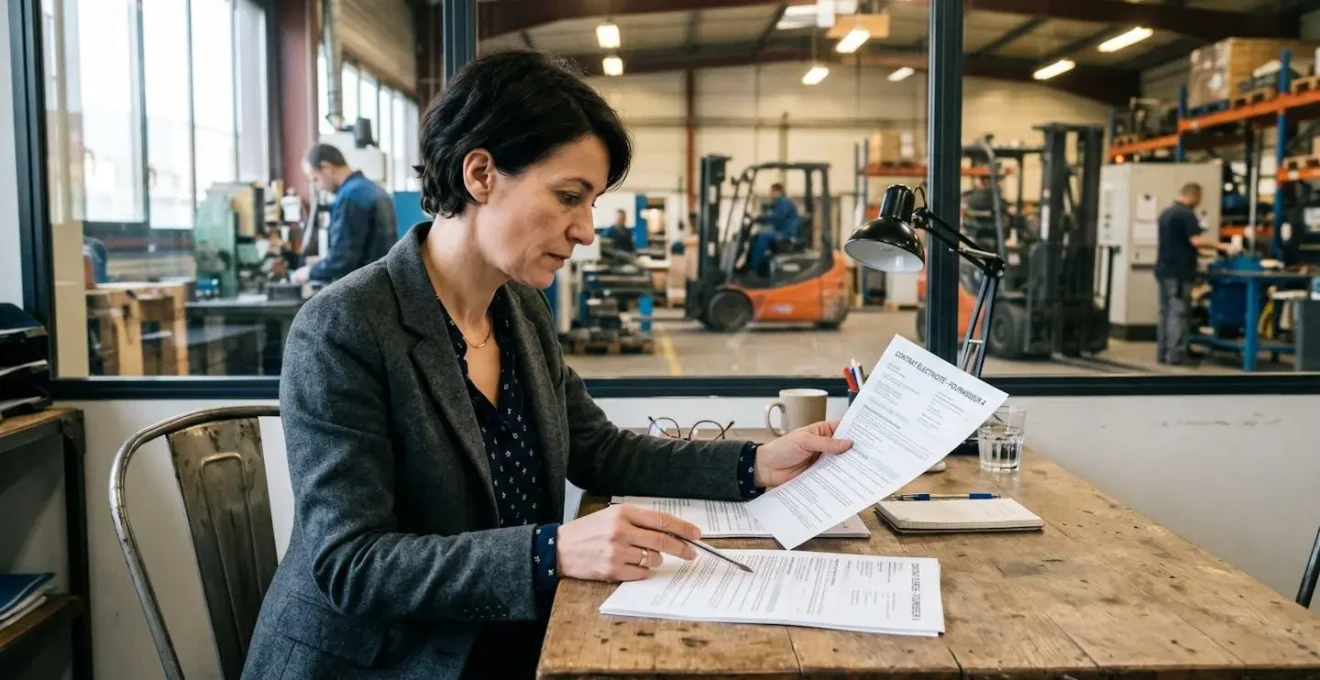 Dirigeante de PME qui compare des documents d'offres d'électricité professionnelle à son bureau dans un environnement industriel